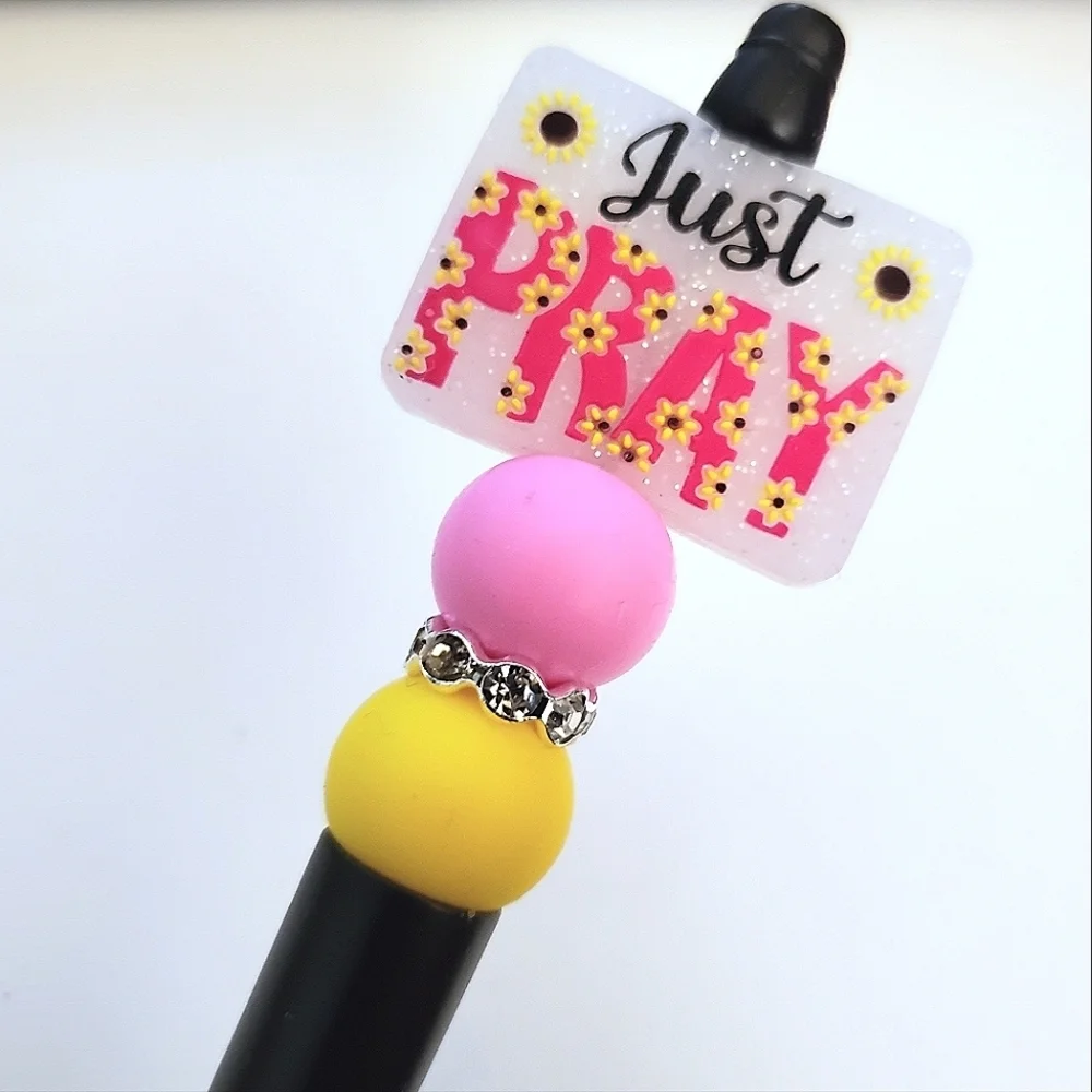 Handmade Pink Yellow Just Pray Sunflower Beaded Silicone Focal Bead Pen